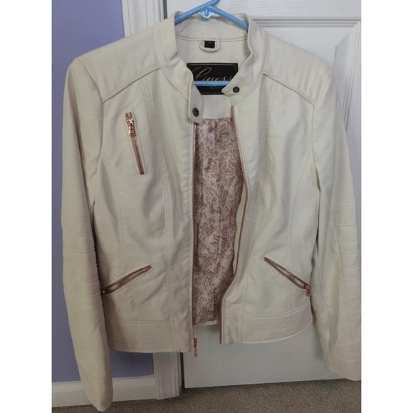 GUESS White Leather Jacket w/  Brass Shine Zippers