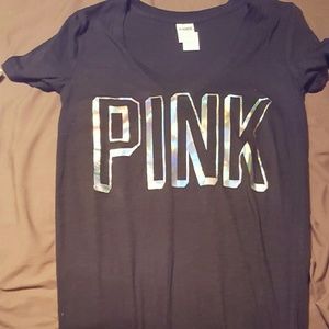 Brand new pink brand black tee with silver pink