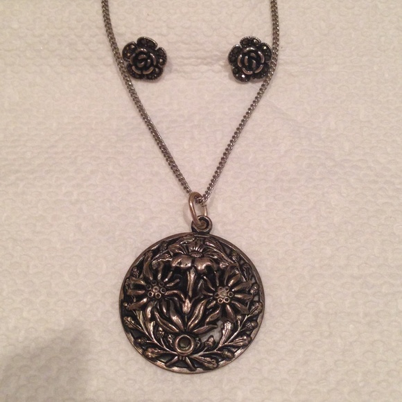 Sterling silver earrings w/ Silvertone necklace