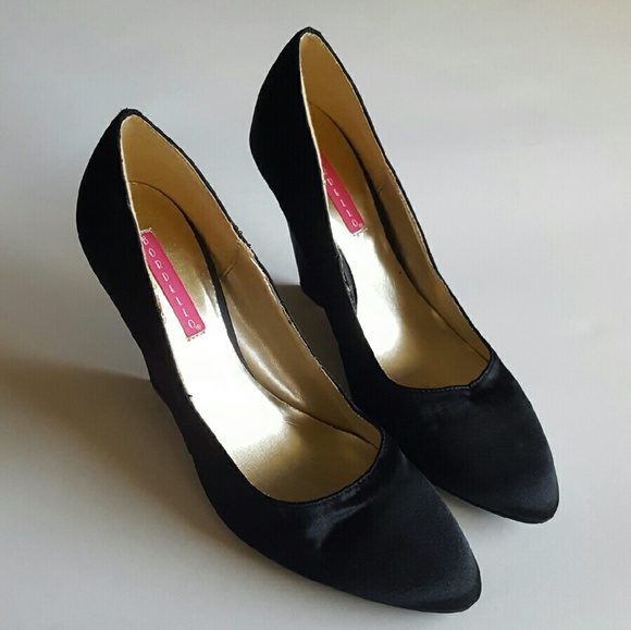 Bordello Black Satin Wedges SZ 9