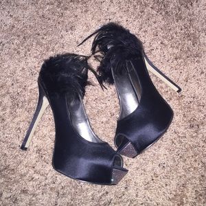 Satin feather detail peep toe pumps