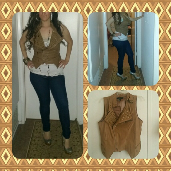 Forever 21 Tops - Tan leather rock n roll studded vest sz L