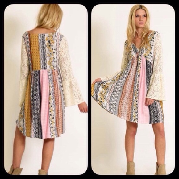 ❗️LAST-M/L❗️ Peasant Boho Patchwork Lace Dress - Picture 3 of 3