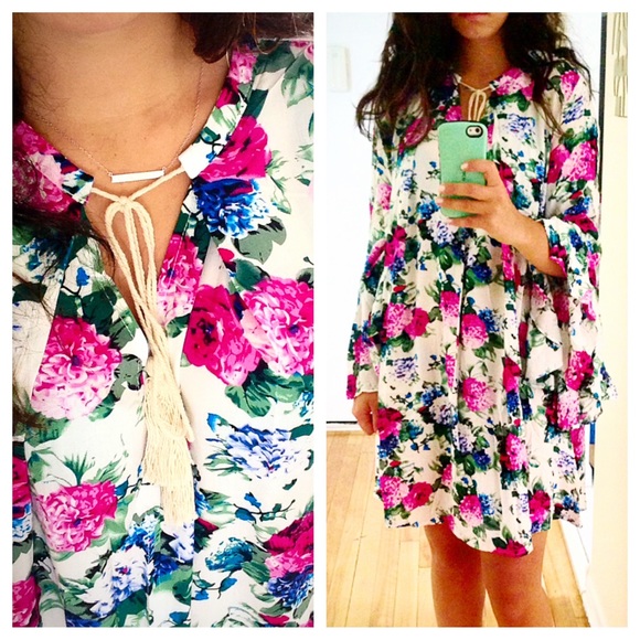❣LAST❣ Summer Floral Bell Sleeve Tie Mini Dress - Picture 4 of 4