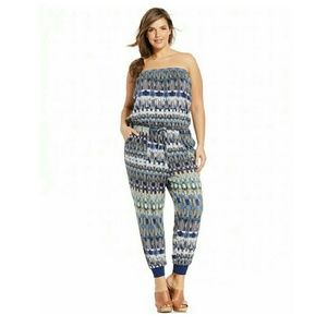 Harper and Liv Plus Size Strapless Printed Jumpsui