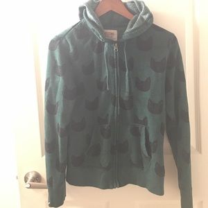 Cat pattern green hooded sweatshirt
