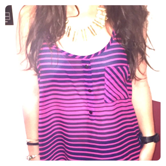 Sheer Pinky Striped Tank Blouse With Front Pocket