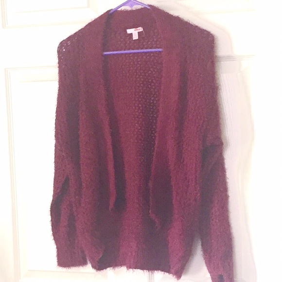 Red cardigan fuzzy sweater