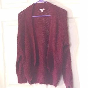 Red cardigan fuzzy sweater