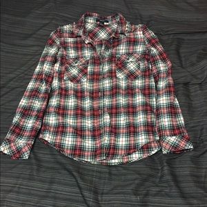 Plaid button up shirt with studded shoulders
