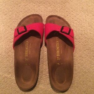 Red Birkenstock slide sandals