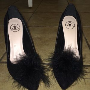 velvet pointed toe heels with fluff ball