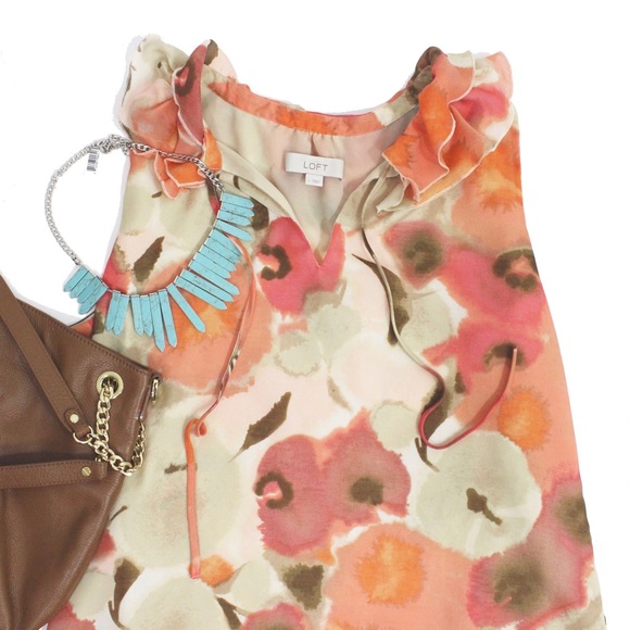 LOFT Tops - Watercolor Printed Sleeveless Ruffled Blouse