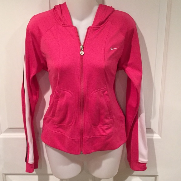 Nike pink zip up hoodie with stripes on sleeves