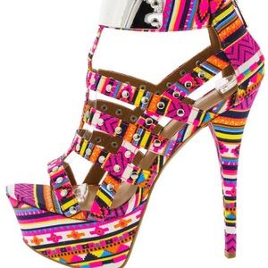Pink Tribal Color Caged Studded Platform Heels