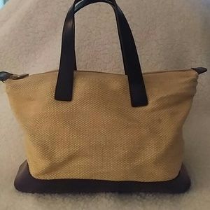 FURLA straw and patent leather satchel.