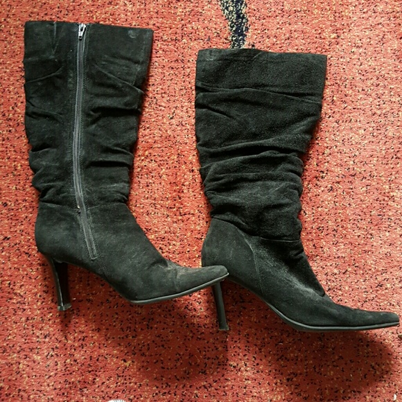 Mid calf black suede boots