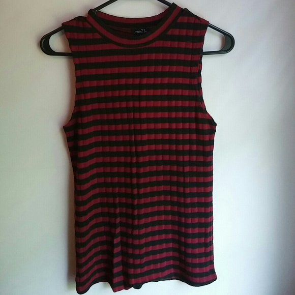 High Neck Red and Black Striped Sleeveless Tee
