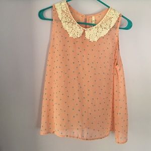 Pink polka dot chiffon top with keyhole back