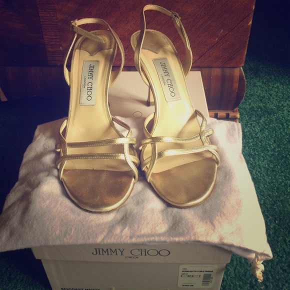 Jimmy Choo gold Nappa 37.5 strap sandal heel