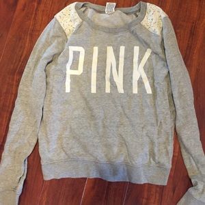 Grey pink sweatshirt with flower shoulders