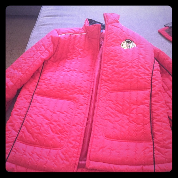 A bright red Blackhawks jacket