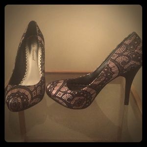 Lulu Townsend Pink Satin & Black Lace Heels
