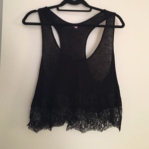 LF cropped racerback black tank with lace detail