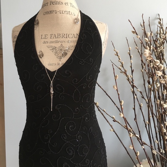 Cache Black Halter Beaded Gown