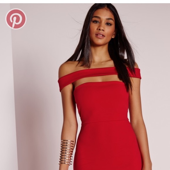 Misguided Cut Out Panel Bardot Bodycon Dress Red