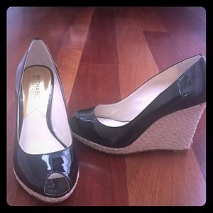 Black patent Michael Kors peep top wedges