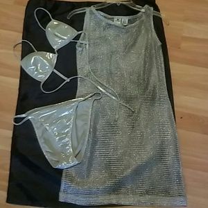 Silver metallic bikini with silver mesh cover up