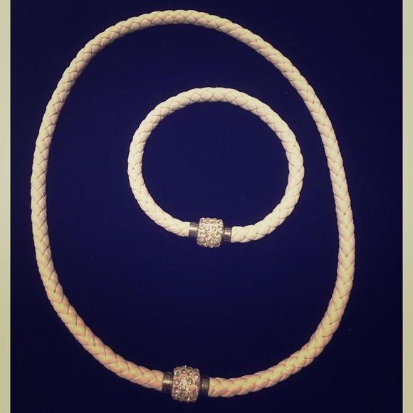 Leather and Crystal Necklace and Bracelet Set