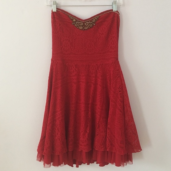 Free People Fancy Red Lace Beaded Dress
