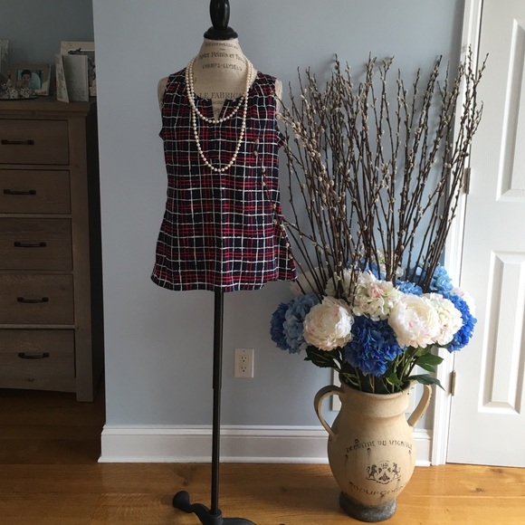 Banana Republic Navy, red, and white silky blouse