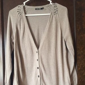 Oatmeal Colored V Neck Cardi w Jeweled Shoulders
