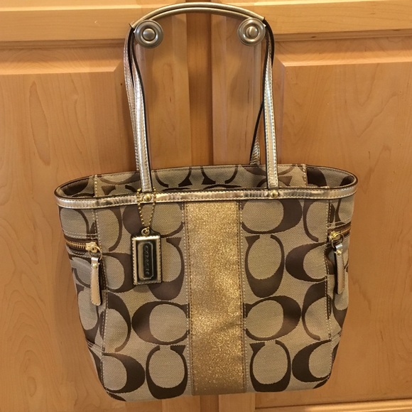 Coach Handbags - Authentic Coach Signature Stripe Tote in gold
