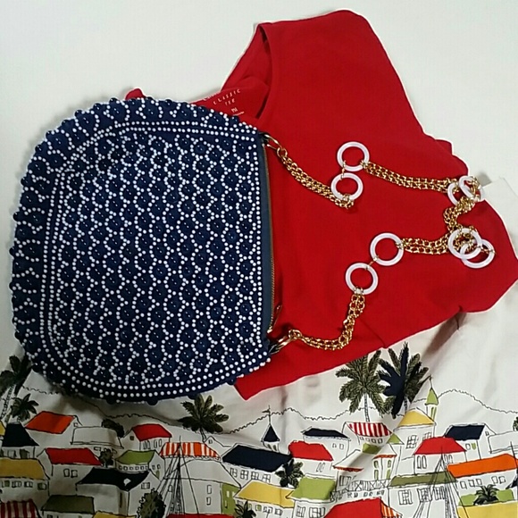 TRUE VINTAGE navy white beaded 60s purse