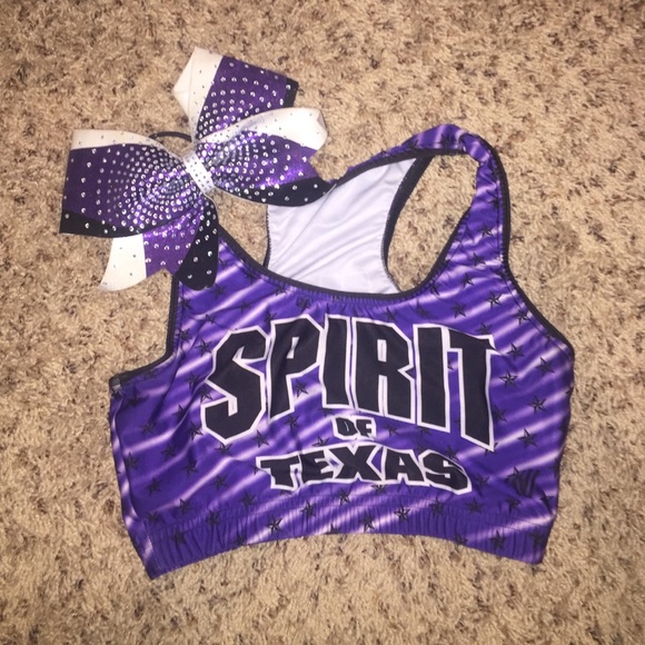Spirit of Texas purple practice sports bra and bow
