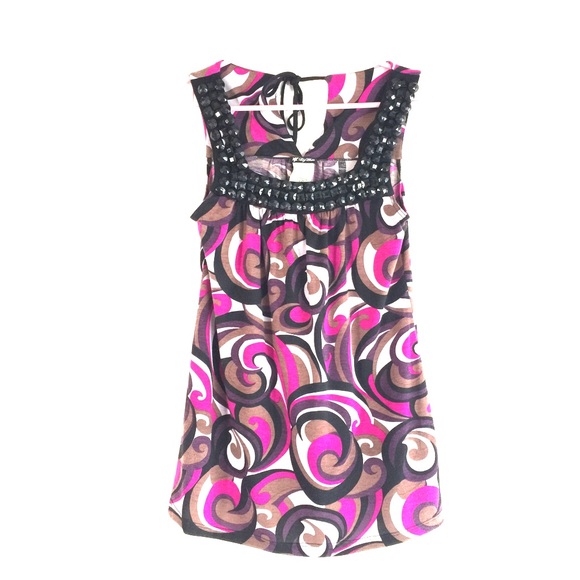 Lily White Black Jeweled Printed Tank Top - Small