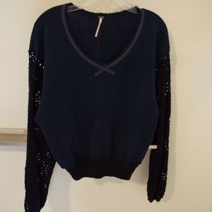 FREE PEOPLE navy crochet sleeve pullover