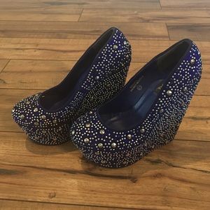 Machi royal blue platform wedges with rhinestones