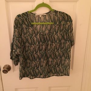 Chiffon Teal and Green Feather Print Top
