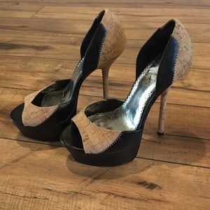 Black and Cork heels by Bebe