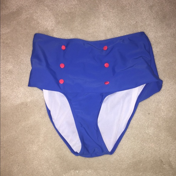 Blue and red high waisted bikini bottoms and top
