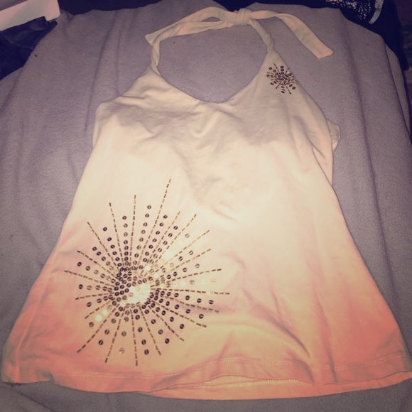 Large tan & gold halter top built in bra