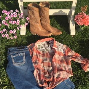 Rue 21 sheer cowgirl shirt and skinny Jeans