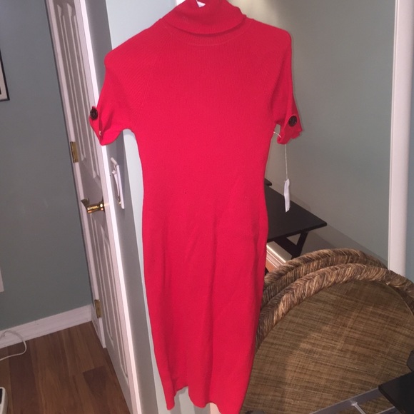 Red fitted turtleneck dress