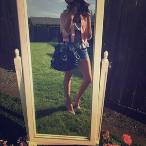 Pink blazer and blue print top