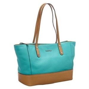 Calvin Klein Turquoise & Camel Leather Tote Purse